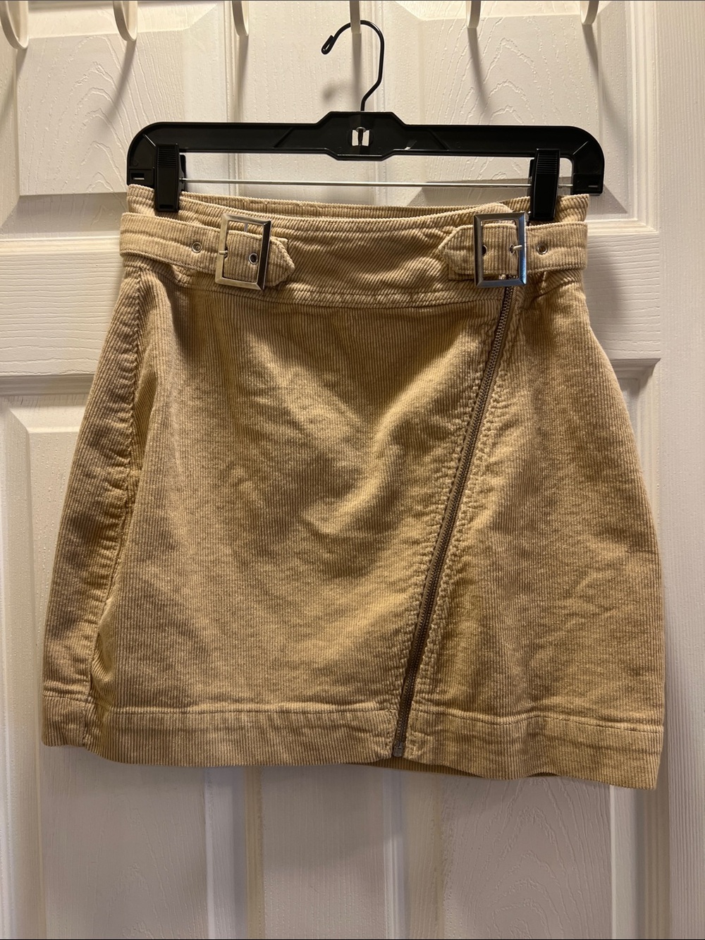 Women’s Tan Corduroy Mini Skirt with Zipper and Belted Waist